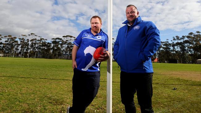 Ryan Hocking and Dwayne Nisbet of Smithfield Football Club. There is great concern many more local SA clubs could follow the Panthers into recess in the future due to the challenge of money and Covid. Picture: Kelly Barnes