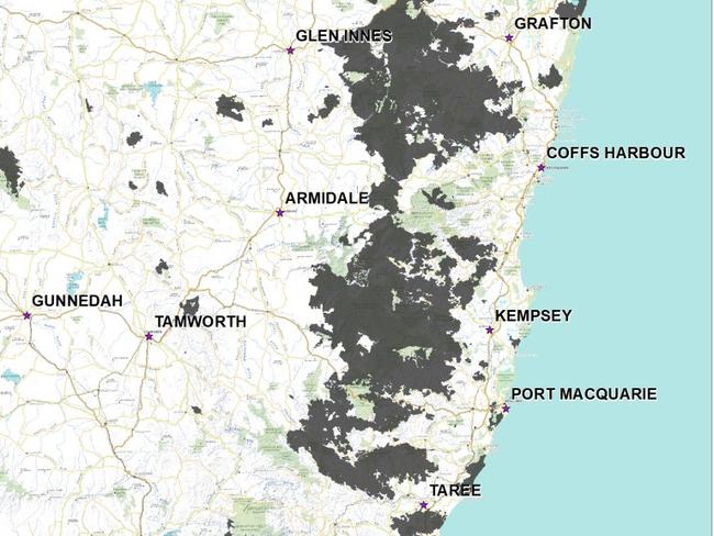 A NSW Rural Fire Service map vividly shows teh exente of teh state's bushfores this season. Picture: RFS.