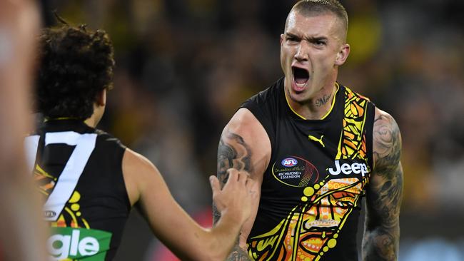 Dustin Martin celebrates a goal in the Dreamtime game against Essendon in Round 10.