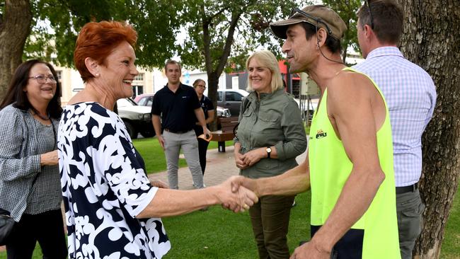 One Nation leader Pauline Hanson meets Con Diakos of Berri during her regional South Australia tour. Picture: Tricia Watkinson