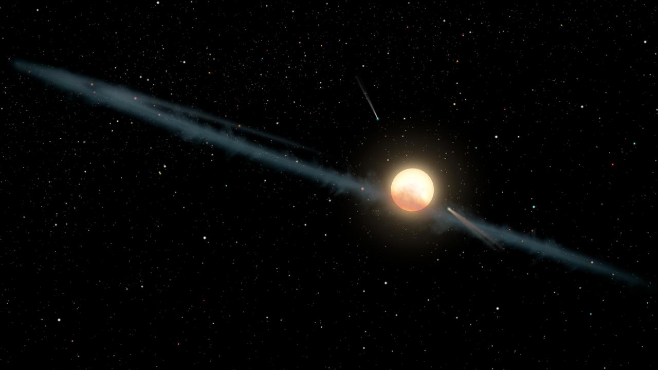 Το αστέρι του Tabby (Εικονογράφηση) που δείχνει πιθανή αλληλεπίδραση μεταξύ κομητών και νεφών σκόνης για να προκαλέσει τις περίεργες αλλαγές στη φωτεινότητα του αστεριού.  Φωτογραφία: NASA
