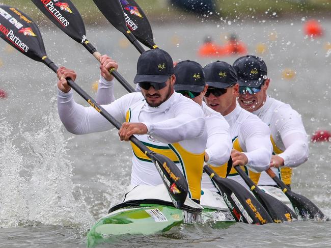 Australia’s K4 men’s team of Riley Fitzsimmons, Pierre van der Westhuyzen, Jackson Collins, Noah Havard.