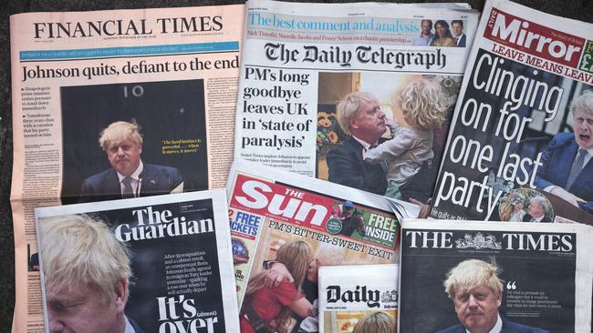 British newspaper front pages following Boris Johnson’s resignation speech. Picture: Getty