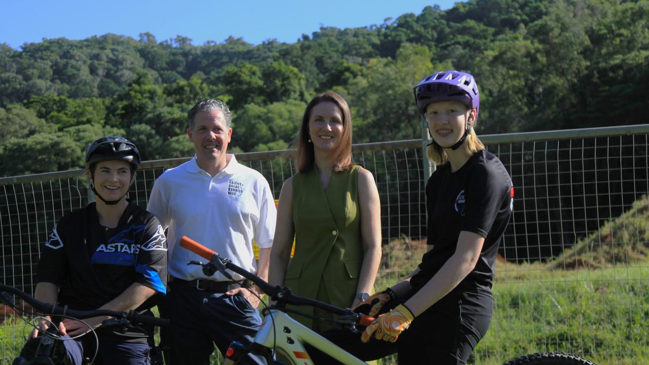 World champion mountain biker Tracey Hannah, Tourism Tropical North Queensland chief executive Mark Olsen, Cairns Mayor Amy Eden and local competitive mountain biker Kara Elepfandt, Picture: Elodie Jakes