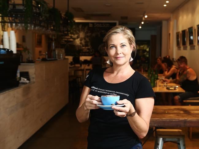                         <span id="U6141586718860zF" style="font-weight:bold;font-style:normal;">FOODIE HEAVEN:</span> Caffiend owner Fern Campbell in her Grafton St cafe, Caffiend. Picture: BRENDAN RADKE.