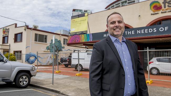 St Vincent de Paul is taking over two buildings at 16-18 and 20-22 Railway St from the liquidators to failed charity FSG. St Vincent has paid $4 million for the buildings and is renovating them prior to moving in. St Vincent de Paul executive officer Kris Martin outside the buildings. Picture: Jerad Williams