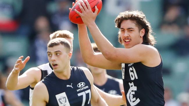 Tyreece Leiu takes a mark for Carlton’s VFL side. Picture: Dylan Burns/AFL Photos via Getty Images