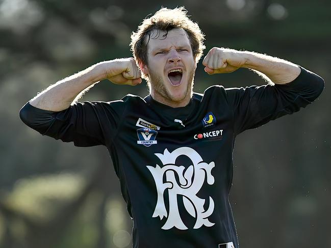 Mitch Dempster of Rosebud celebrates kicking a goal during the round ten MPFNL Division One Seniors match between Sorrento and Rosebud at David Macfarlan Reserve, on June 08, 2024, in Sorrento, Australia. (Photo by Josh Chadwick)