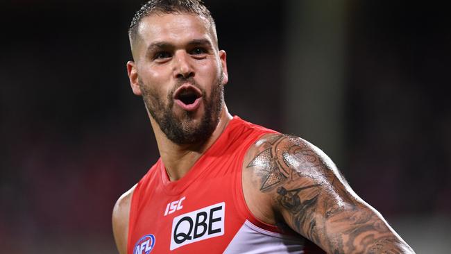 Lance Franklin of the Swans celebrates another goal.