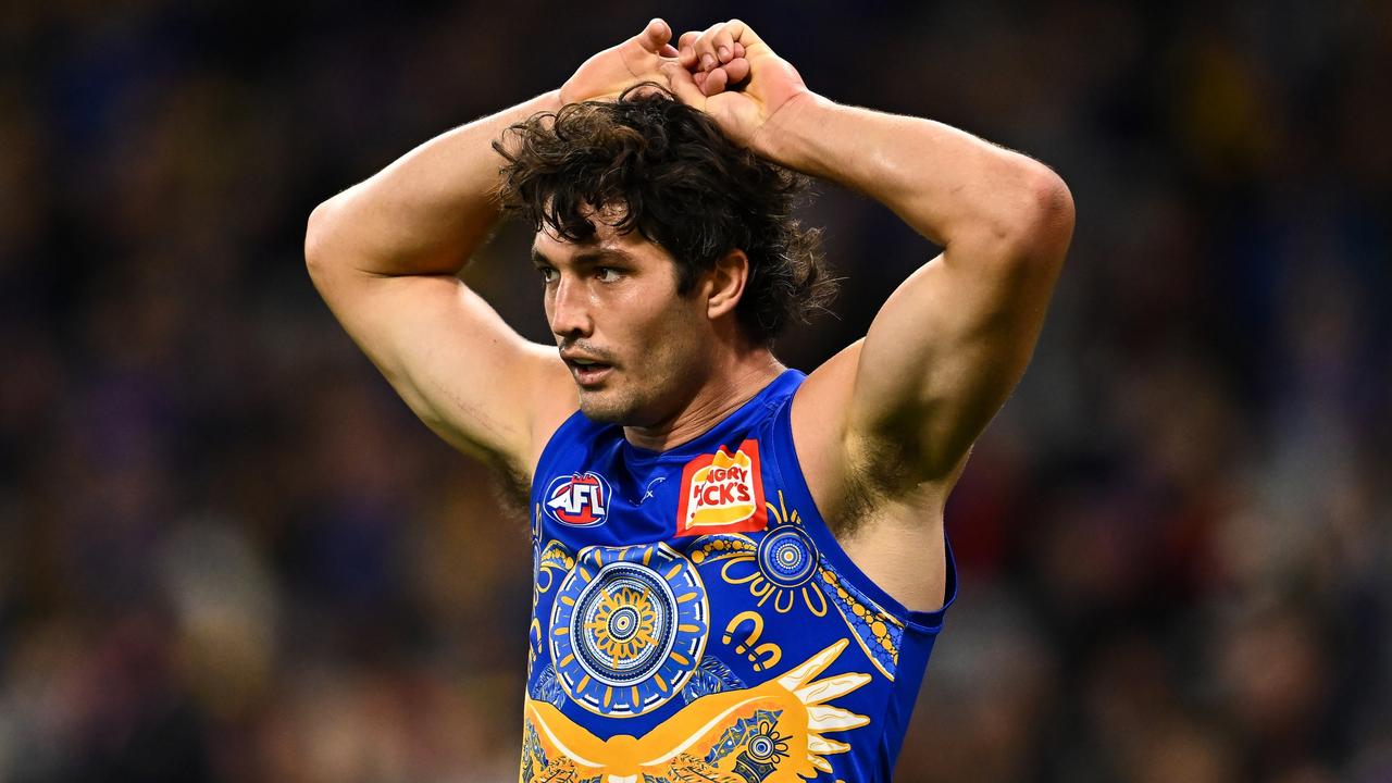 PERTH, AUSTRALIA - MAY 27: Tom Barrass of the Eagles looks exhausted during the 2023 AFL Round 11 match between the West Coast Eagles and the Essendon Bombers at Optus Stadium on May 27, 2023 in Perth, Australia. (Photo by Daniel Carson/AFL Photos via Getty Images)