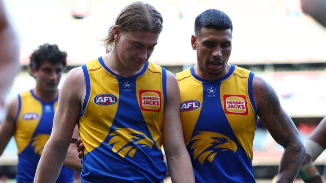 MELBOURNE, AUSTRALIA - JULY 07: Harley Reid and Tim Kelly of the Eagles look dejected after losing the round 17 AFL match between Melbourne Demons and West Coast Eagles at Melbourne Cricket Ground, on July 07, 2024, in Melbourne, Australia. (Photo by Quinn Rooney/Getty Images)