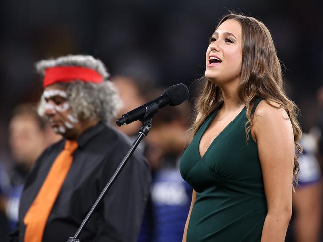 Olivia Fox sings the national anthem during the 2020 Tri-Nations match between the Wallabies and Pumas at Bankwest Stadium. Picture: Getty Images
