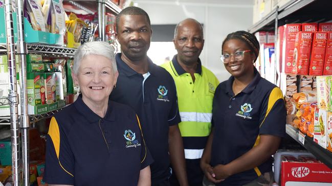 Barbara Roche, Elder Alex Morseray, Pastor Sheriff Jalloh and Alice Jalloh run the Open Hands Neighbourhood Marketplace in Pallara. Picture: Contributed