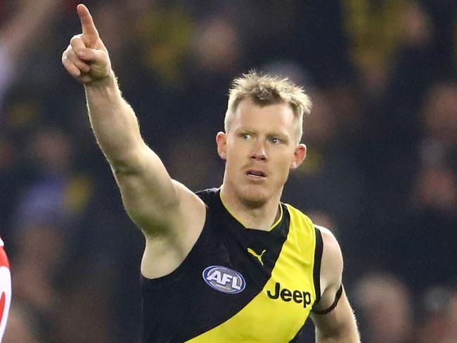 MELBOURNE, AUSTRALIA - JUNE 28:  Jack Riewoldt of the Tigers celebrates after kicking a goal during the round 15 AFL match between the Richmond Tigers and the Sydney Swans at Etihad Stadium on June 28, 2018 in Melbourne, Australia.  (Photo by Scott Barbour/Getty Images)