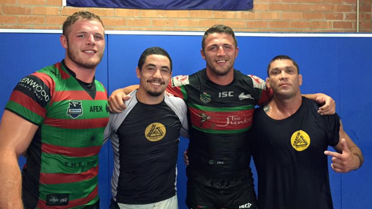 Alex Prates (right) worked with the Rabbitohs, including Tom (left) and Sam Burgess, in 2014.