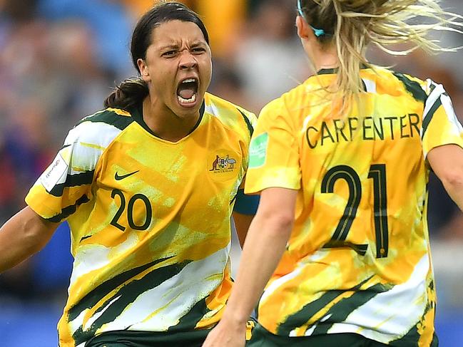 MONTPELLIER, FRANCE - JUNE 13:  Sam Kerr and Ellie Carpenter of Australia celebrate following their sides victory in the 2019 FIFA Women's World Cup France group C match between Australia and Brazil at Stade de la Mosson on June 13, 2019 in Montpellier, France. (Photo by Michael Regan/Getty Images)