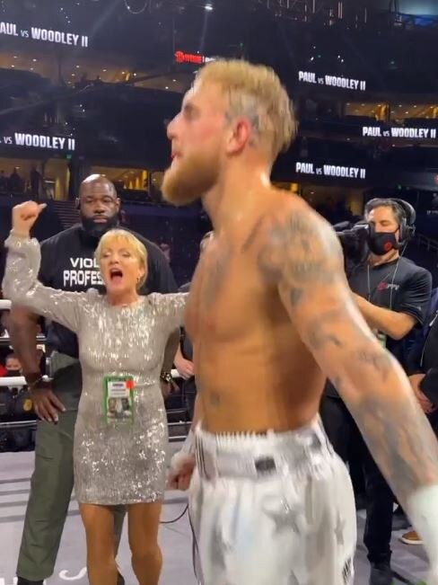 Paul's mum enjoyed a post-fight boogie with her son in the ring. Picture: Instagram