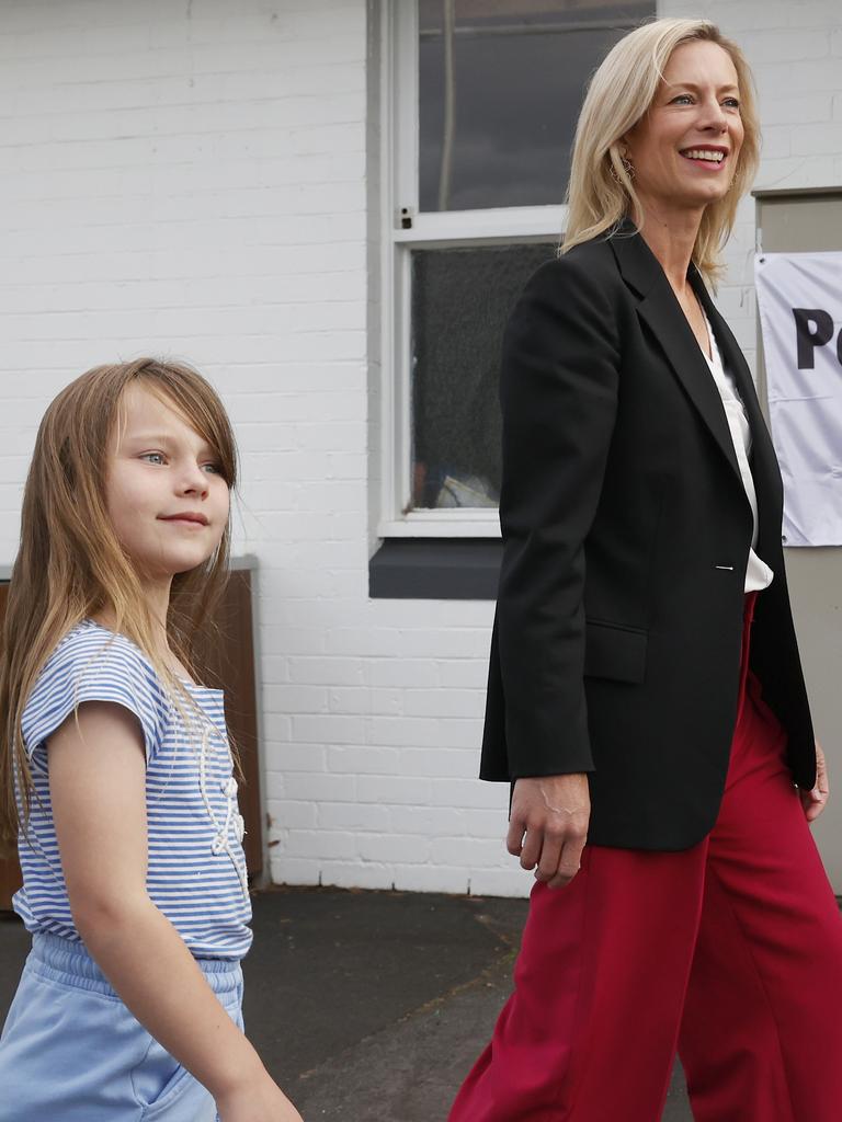 Rebecca White with daughter Mia 7 arrive at the Sorell Hall polling booth. Labor leader Rebecca White votes at Sorell Hall with family. Tasmanian State Election 2024. Picture: Nikki Davis-Jones