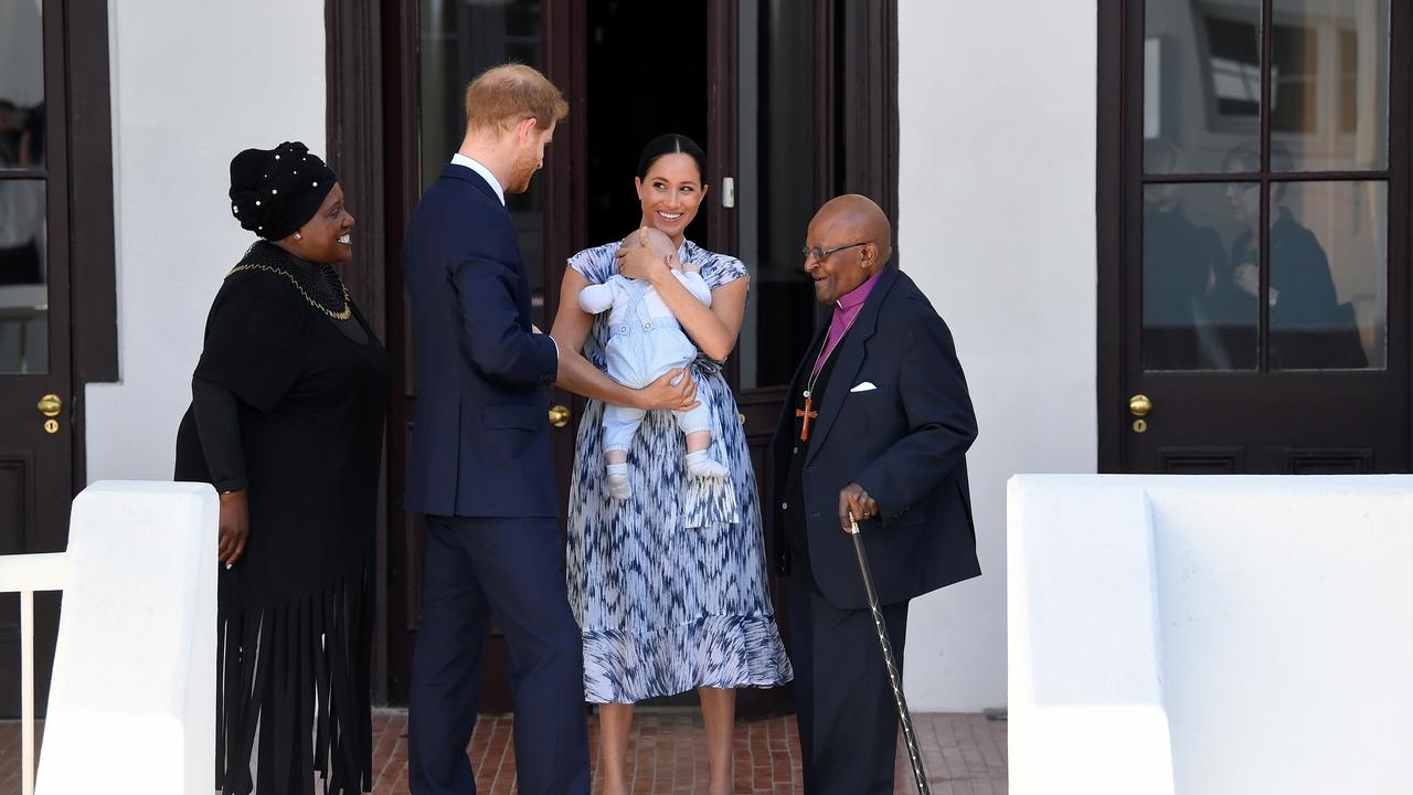 Harry and Meghan took their son Archie to meet Archbishop Desmond Tutu on day two of the tour. Picture: Toby Melville/Pool/Getty Images