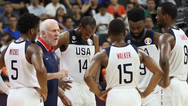 Team USA coach Gregg Popovich tries to rally the troops.