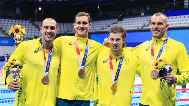 Zak Incerti, Alexander Graham, Matt Temple and Kyle Chalmers win bronze at the Tokyo Aquatics Centre during the Tokyo 2020 Olympics. Picture: Adam Head.