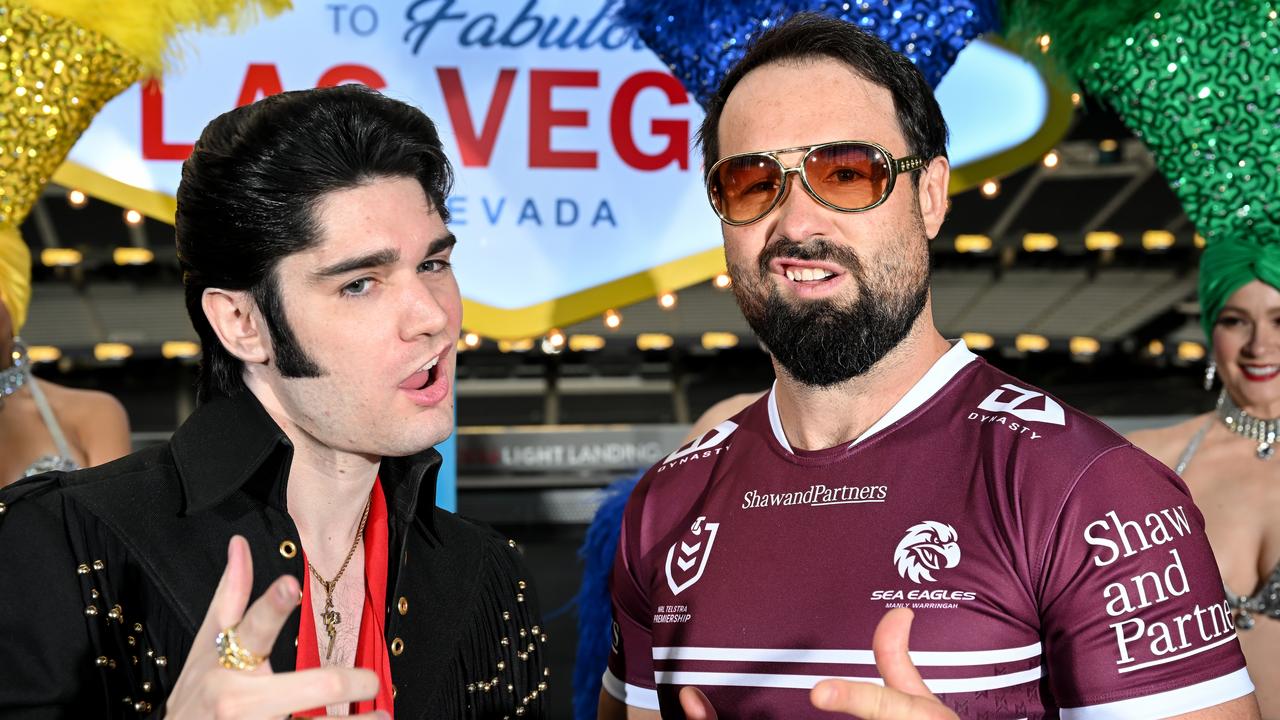 Aaron Woods and ‘Elvis’ at Allegiant Stadium. Picture: Grant Trouville/NRL Images