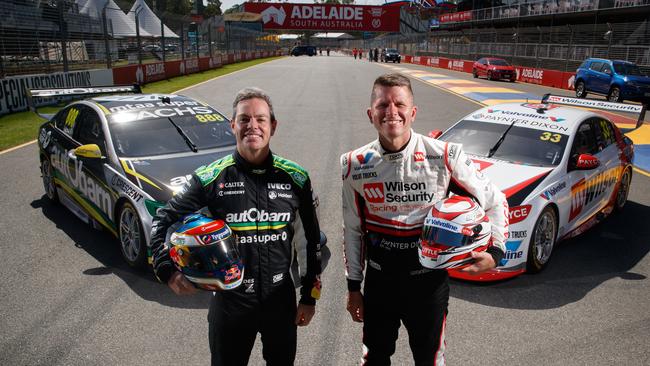 Craig Lowndes and Garth Tander on Pit Straight ahead of the Adelaide 500. Picture: MATT TURNER.