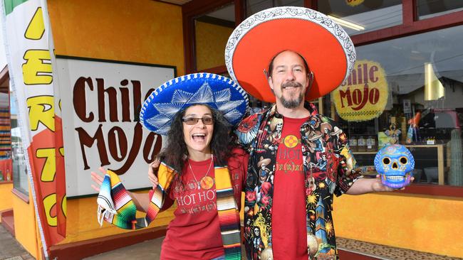 Winners are grinners! Owners Morgan Britt and Joel Adams at Chile Mojo outside their winning shop. Picture: AAP/Mark Brake