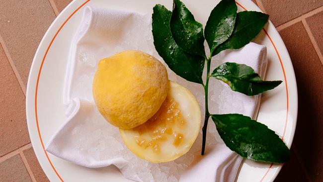 Lemon sorbet served inside a lemon at Bianca.