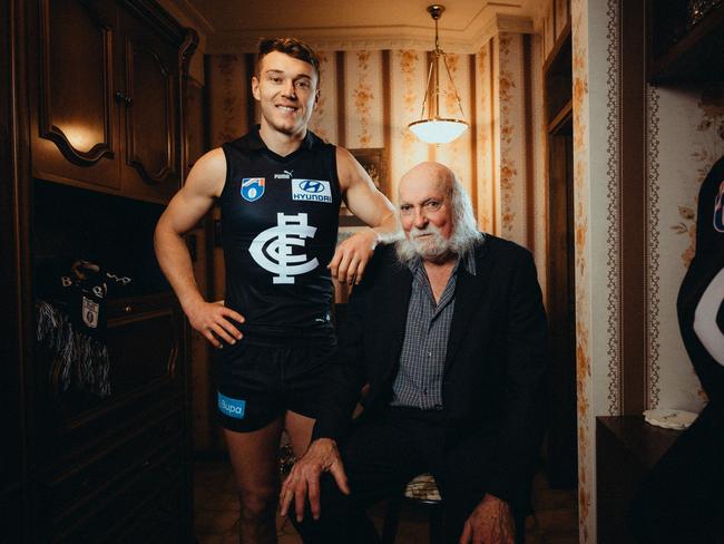 Patrick Cripps with Bruce Doull. Picture: Daniel Pockett