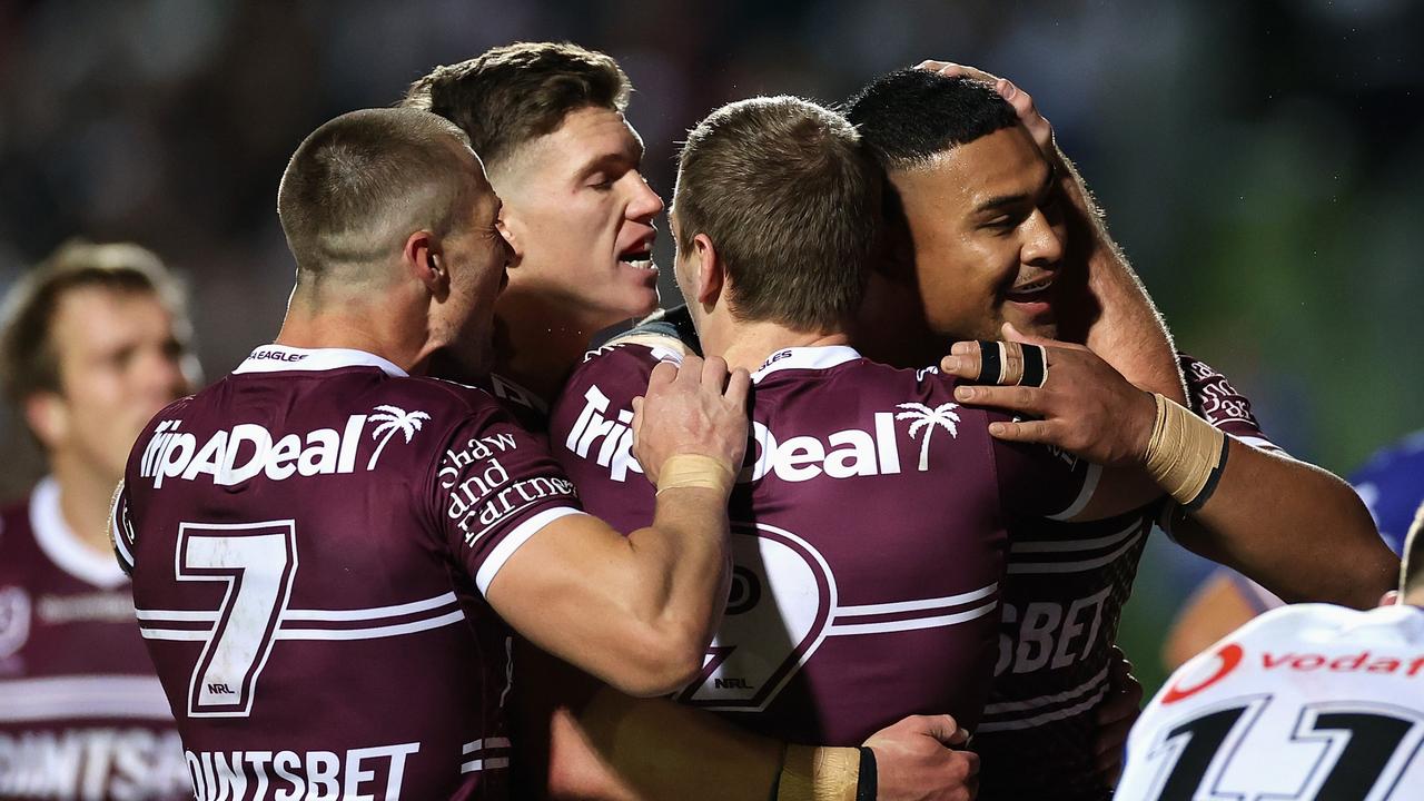 Haumole Olakau'atu of the Sea Eagles celebrates scoring a try. Photo by Cameron Spencer/Getty Images