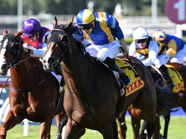 Alegron for trainer Bjorn Baker and jockey Dylan Gibbons scores the Brisbane Cup at Eagle Farm. Pictures: Grant Peters, Trackside Photography.
