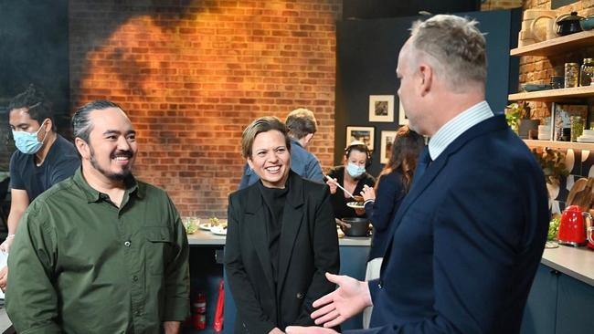 A photo of SBS identity Adam Liaw and communications Minister Michelle Rowland visiting the studio.