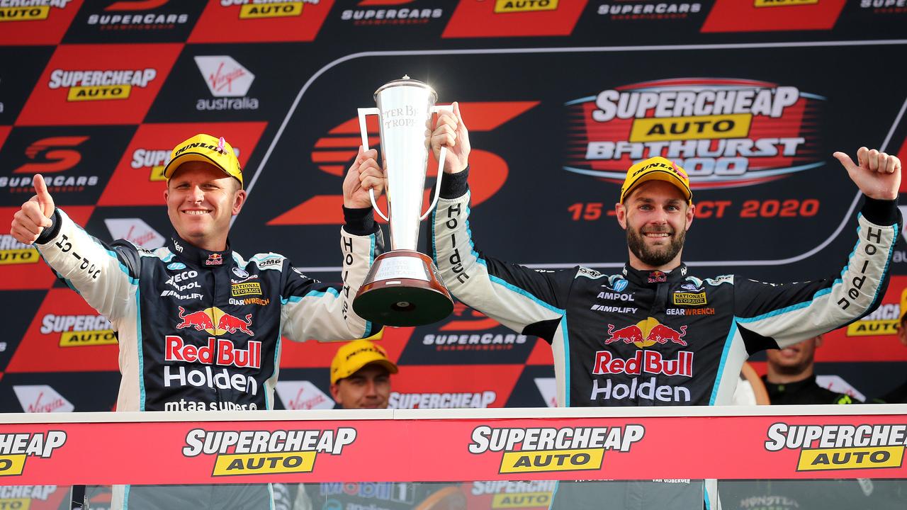 DAILY TELEGRAPH – Pictured is Shane van Gisbergen and Garth Tander from Redbull Holden Racing Team, celebrating after winning the Supercheap Auto Bathurst 1000 at Mount Panorama Raceway today. Picture: Tim Hunter.