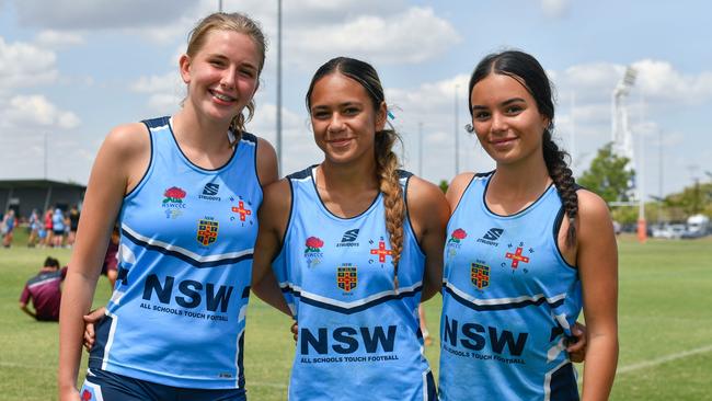 From New South Wales Emmerson Dooley, Kelsey Berryman and Shah Wakely at the 2023 National Combined Touch Championships in Darwin. Picture: Pema Tamang Pakhrin