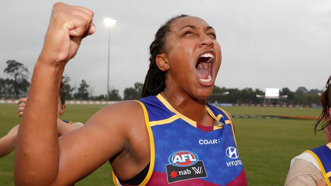 Sabrina Frederick-Traub of the Brisbane Lions celebrates after her side’s upset win over Melbourne. (Photo by Michael Willson/AFL Media/Getty Images)