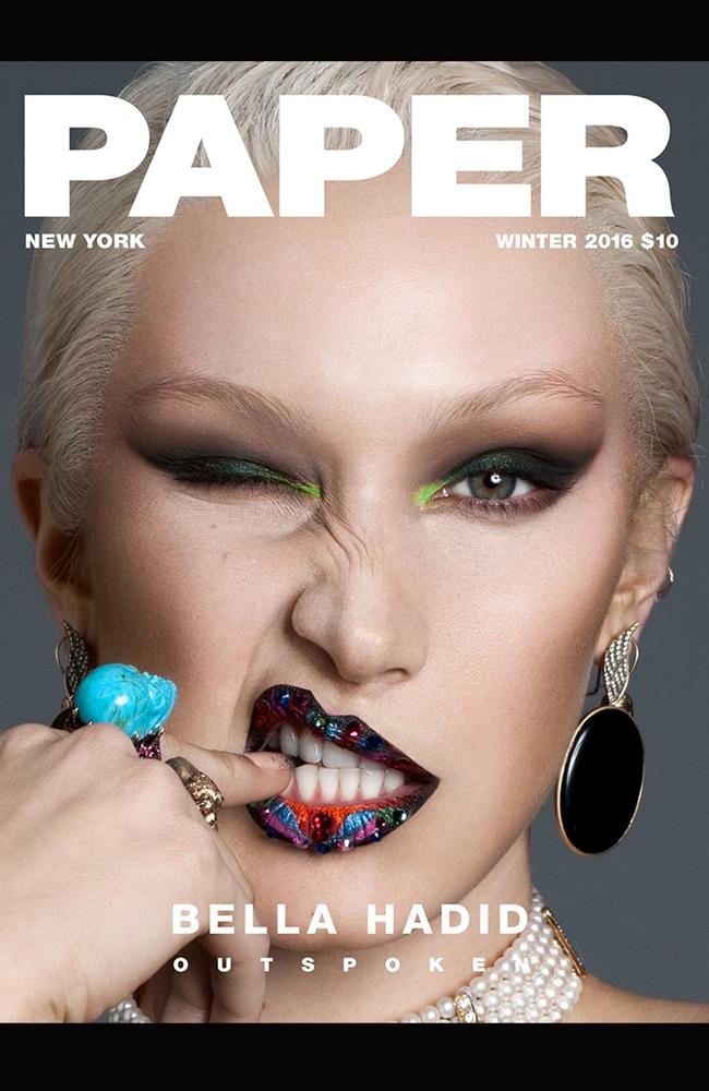 Hadid’s stunning colourful look was created by make-up artist Kabuki for MAC Cosmetics. Picture: Nicolas Moore/Paper Magazine