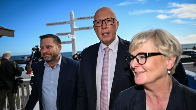 Peter Dutton, centre, with Liberal candidate Jan-Henrik Norberger and Liberal senator Linda Reynolds during the campaign. Picture: Getty Images