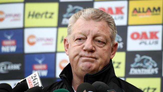 Penrith Panthers general manager Phil Gould speaks to the media during a press conference in Sydney, Tuesday, August 7, 2018. Gould said Penrith have received a dozen job applications, including some from rival NRL head coaches, since their decision to sack Anthony Griffin. (AAP Image/Joel Carrett) NO ARCHIVING