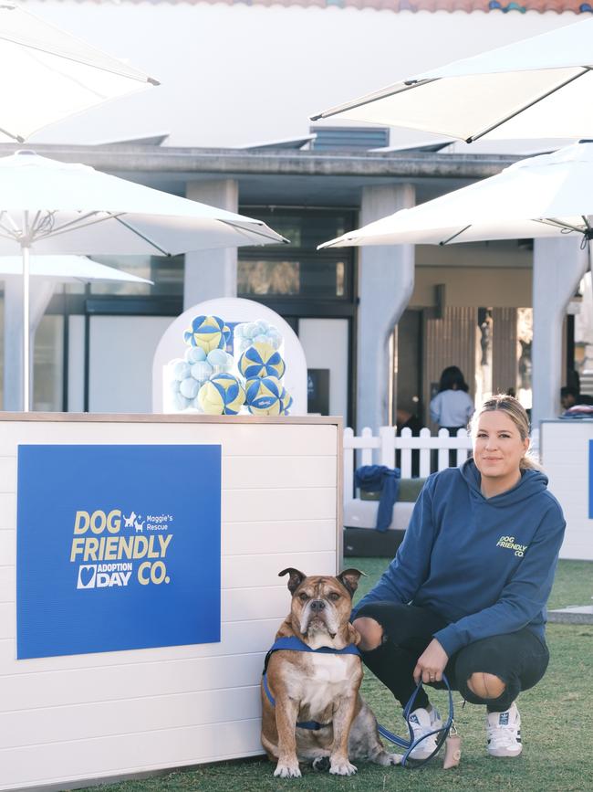 Sandra Abade, Dog Friendly Co. co-founder who donates harnesses with stickers that say 'adopt me' to promote conversation about dog fostering and rescue. Picture: Supplied