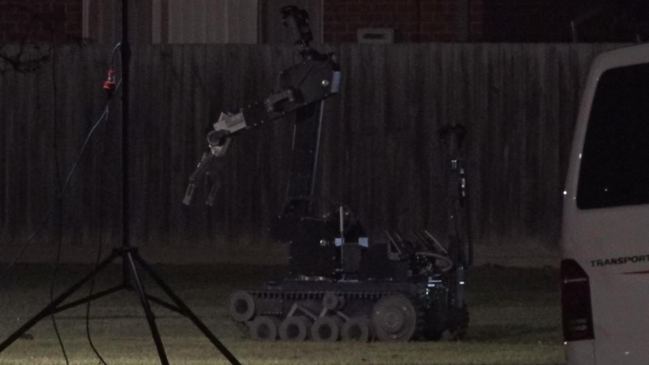 A bomb robot at the scene. Picture: Lincoln Holmes