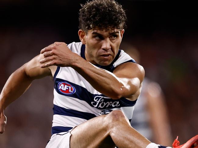ADELAIDE, AUSTRALIA - APRIL 10: Tyson Stengle of the Cats in action during the 2025 AFL Round 05 match between the Adelaide Crows and the Geelong Cats at Adelaide Oval on April 10, 2025 in Adelaide, Australia. (Photo by Michael Willson/AFL Photos via Getty Images)