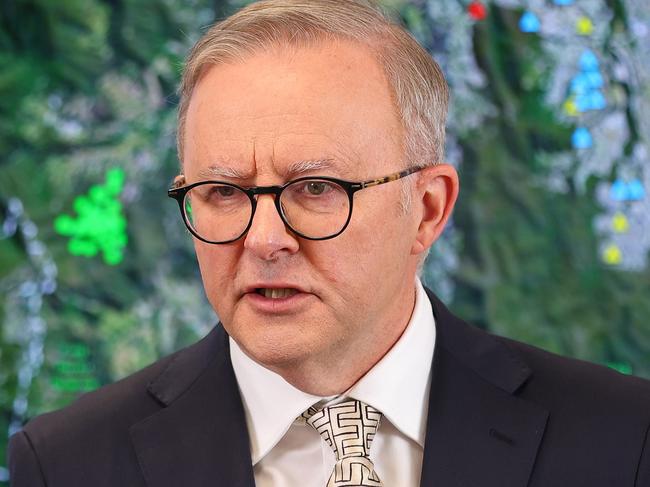 GOLD COAST, AUSTRALIA - JANUARY 09: Prime Minister Anthony Albanese speaks during a media conference at the Gold Coast Emergency Management Centre on January 09, 2024 in Gold Coast, Australia. The Queensland and Federal governments have announced additional disaster assistance funding for people impacted by storms in South-East Queensland. (Photo by Chris Hyde/Getty Images)