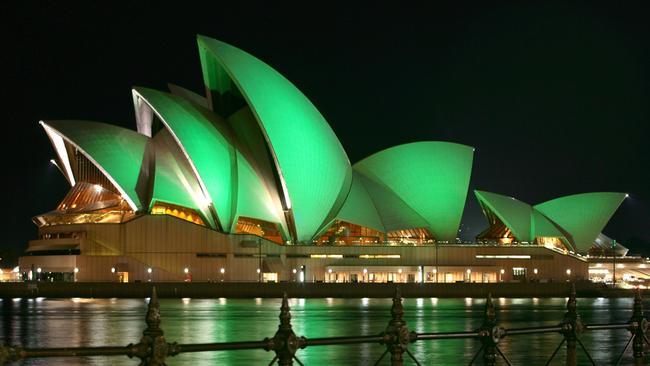 The Sydney Opera House is bathed in a green glow to celebrate St Patrick's Day.