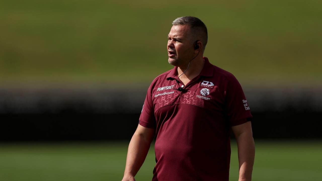 SYDNEY, AUSTRALIA - APRIL 16: Anthony Seibold, head coach of the Sea Eagles looks on during a Manly Sea Eagles NRL training session at 4 Pines Park on April 16, 2024 in Sydney, Australia. (Photo by Matt King/Getty Images)