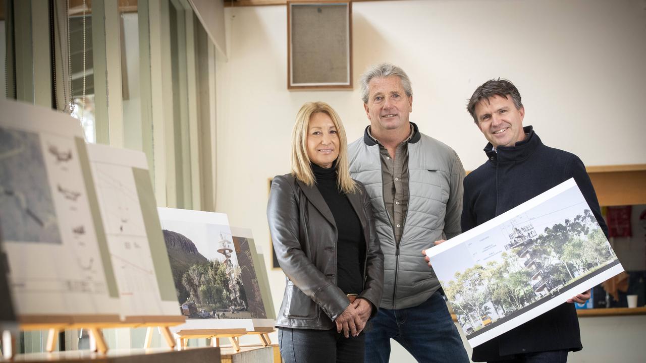 Zipline proponents Jenny Abel, Shane Abel and town planer Frazer Read during community consultation at the Fern Tree Community Hall. Picture: Chris Kidd