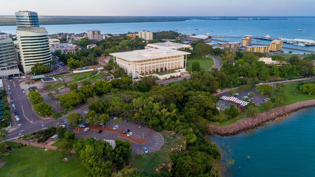 The Darwin Esplanade showing the current carpark — the proposed site, left, of the new Darwin RSL clubhouse — and the Deckchair Cinema, right. Picture: Che Chorley