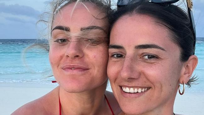 Matilda's player Ellie Carpenter on left has become engaged to Dutch footballer and Lyon teammate Daniëlle van de Donk.