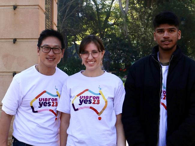 NSW MP Jason Yat-sen Li (left), with under-18 Yes campaigners Rosanna Cartwright and Venkat Mallemala at the launch of the U18 for Yes23 in Sydney, August 10. Picture: Supplied