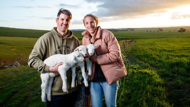 Ben and Kerry Heinrich with some of their Wunderbar lambs on their Black Springs property in South Australia. Picture: Matt Turner